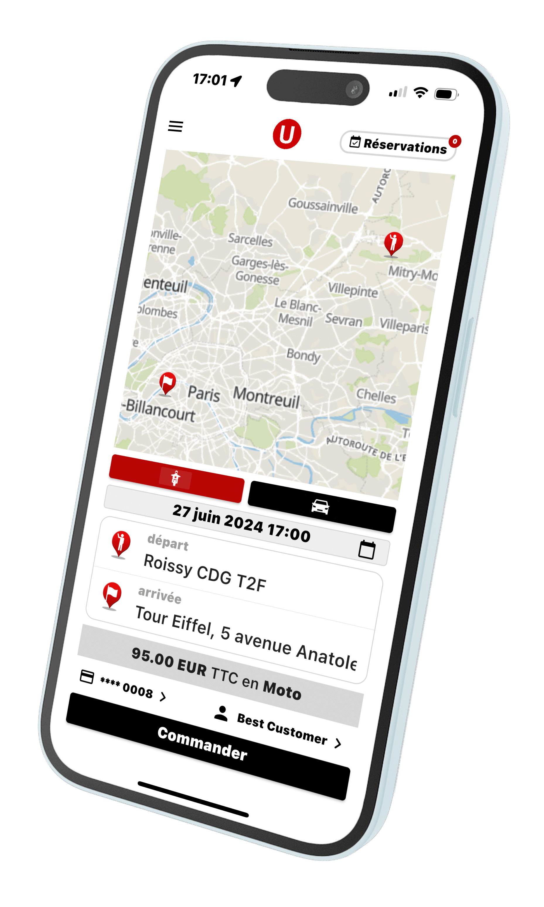 application Urban Driver, réservation d'un trajet en taxi moto entre Roissy CDG et la Tour Eiffel